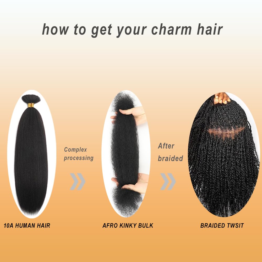 Afro Kinky Bulk Human Hair Extensions - 50g Braiding Hair for Twists, Locs & Dreadlocks | 22" | Color 1B