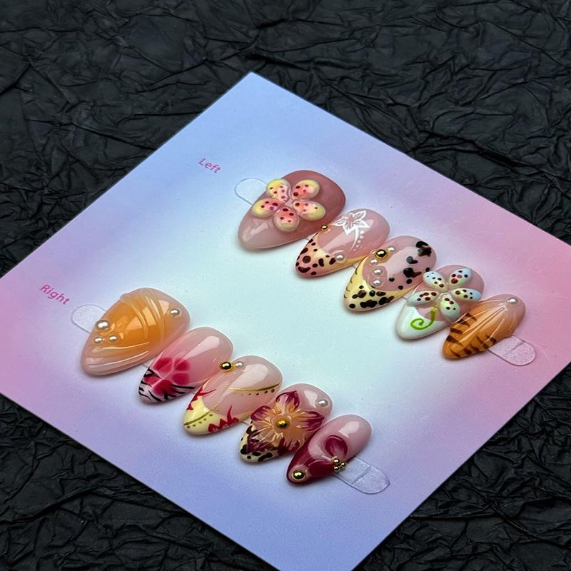 100% Handmade Press on Nails Medium Almond Handmade Nails with Yellow Flower Design Pearl Rhinestones Fake Nails Glossy Ombre Nail Press ons Reusable Spring Summer Acrylic Nails for Women Size M 10Pcs