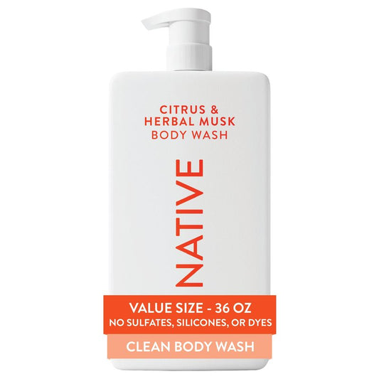 Native Body Wash for Women & Men, Citrus & Herbal Musk, 36 oz Pump Bottle, Sulfate-Free & Gentle
