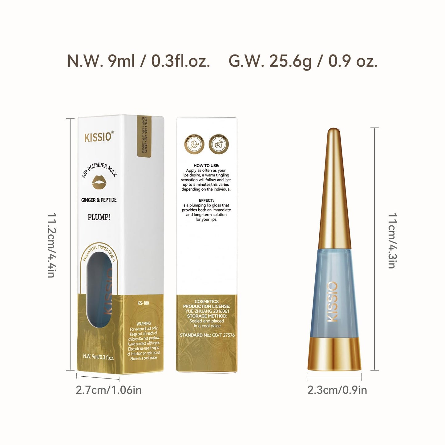 KISSIO PLUMP Lip Plumper,0.3 fl oz (9 ml),Maximum Plump with Ginger and Peptides,Extreme Lip Plumper,Hydrating and Plumping,Lips Lines Care,Lips Gloss,Beginner