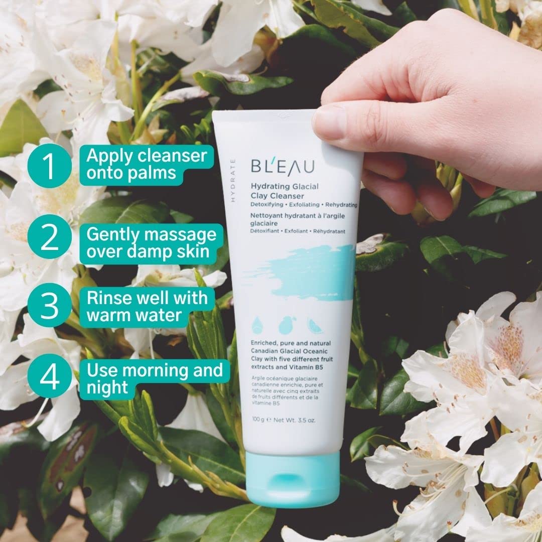 Bl'eau Hydrating Glacial Clay Cleanser detoxify exfoliate rehydrate Glacial Oceanic Clay and 5 fruits extracts to deep cleanse and soothe skin, cream to foam texture, cooling and hydrating skin feel (100 g (3.5 oz.))