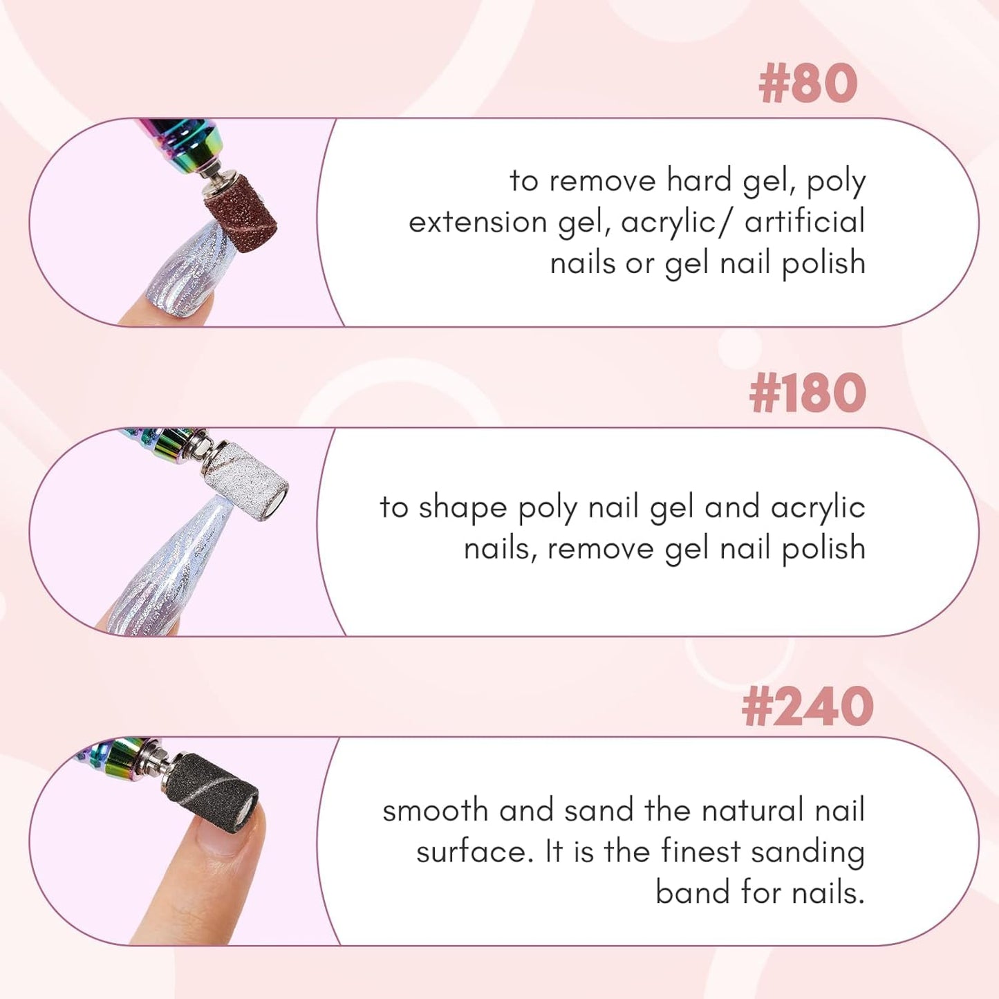 Sanding Bands for Nail Drill - 100 Pcs Medium Grit #180 | Durable Acrylic Nail File Bits, White