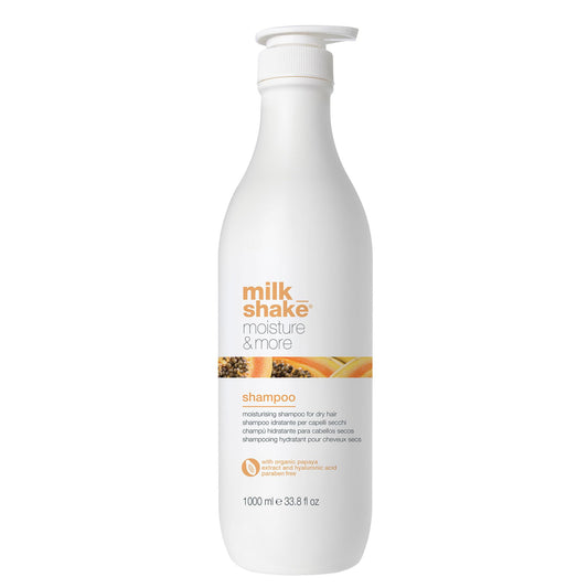 milk_shake moisture & more shampoo | daily hydration shampoo for smoother, healthier-looking hair | with milk proteins, fruit extracts & hyaluronic acid, 33.8 fl oz / 1000 mL