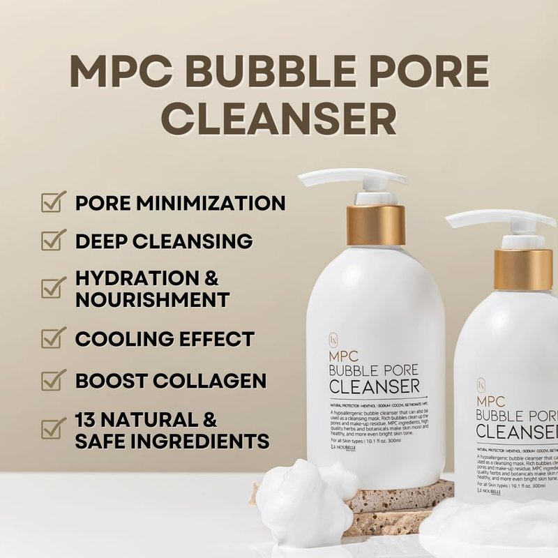 La Noubelle MPC Bubble Pore Cleanser, Korean Face Wash, Gentle Deep Pore Facial Cleanser with Caviar, Blackhead Makeup Remover, Pore Minimizer, Hydrating, Exfoliator, Oily, Dry Skin 10.1 fl oz