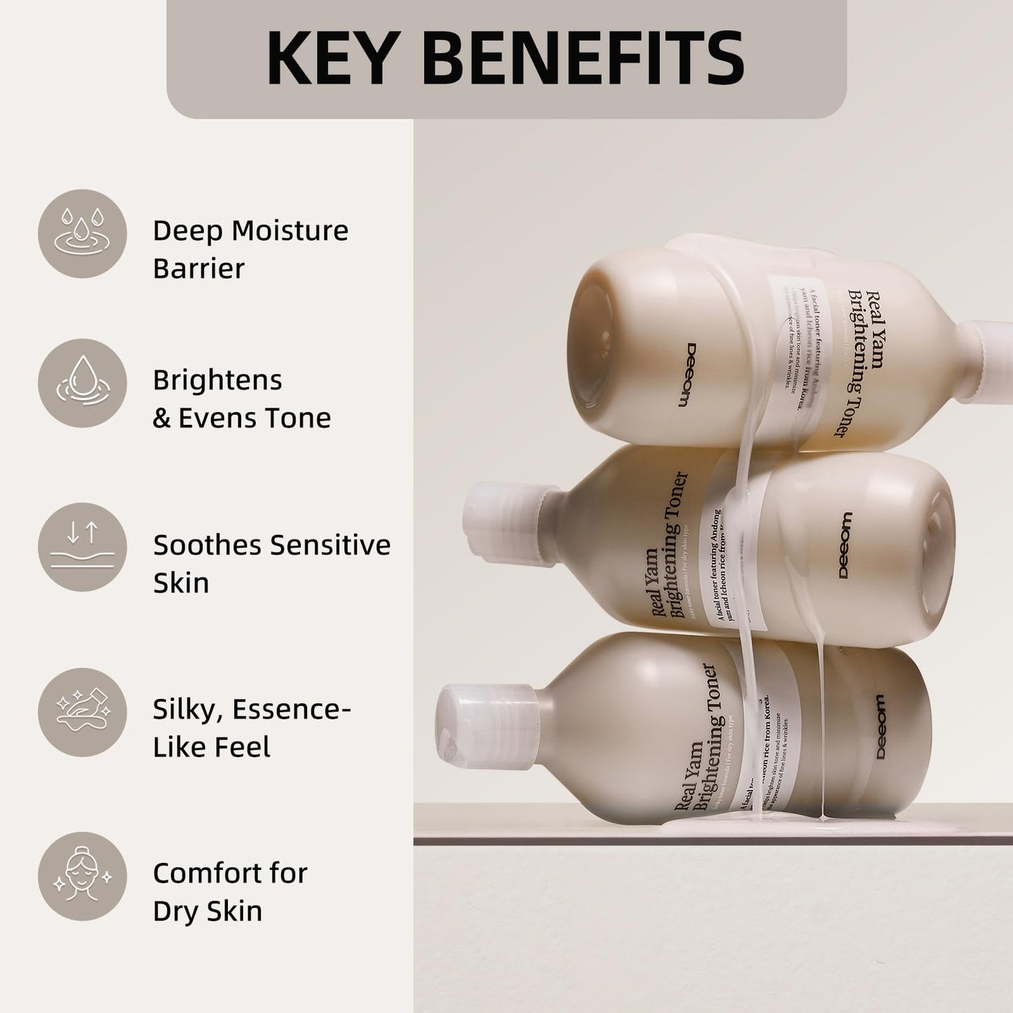 DEEOM Real Yam Brightening Toner, Hydrating Milky Toner for Face with Rice Water, Yam Extract & Niacinamide, Korean Moisturizing Facial Toner, Alcohol Free, Glow Enhancing, 300ml