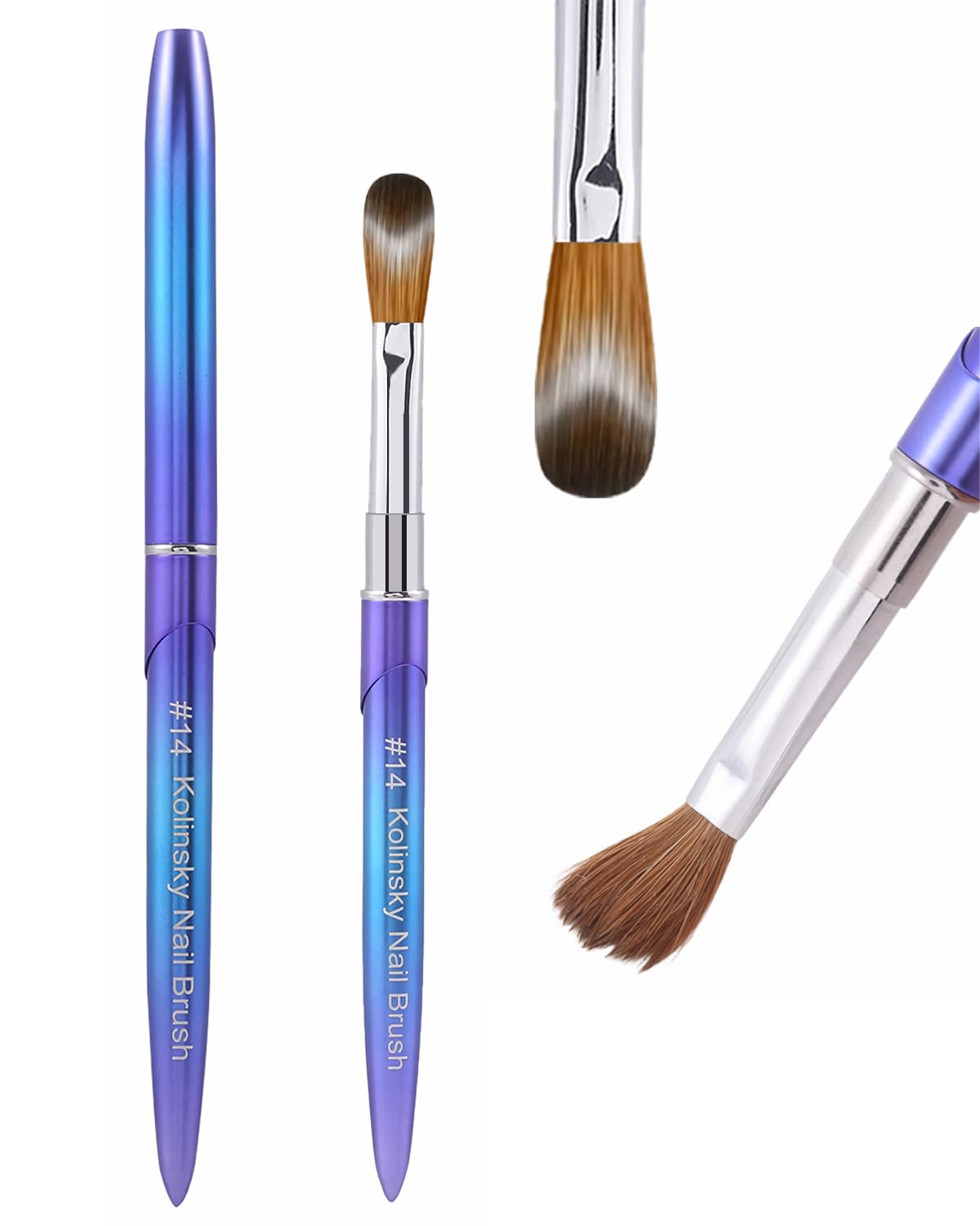 100% Pure Kolinsky Hair Acrylic Nail Art Brushes – Oval Crimped Tip for Acrylic Powder, Gradient Blue Metal Handle, Professional Nail Art Brush for Salon & DIY(#14)