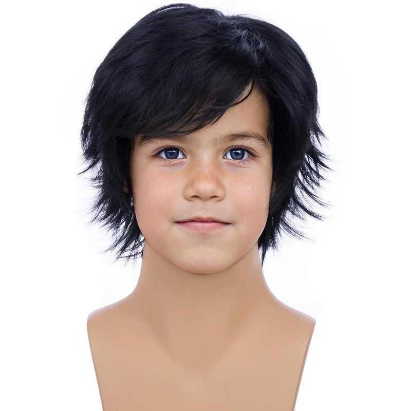 PATTNIUM Short Black Wig for Kids Boys Straight Black Wig Heat Resistant Synthetic Wig with Wig Cap