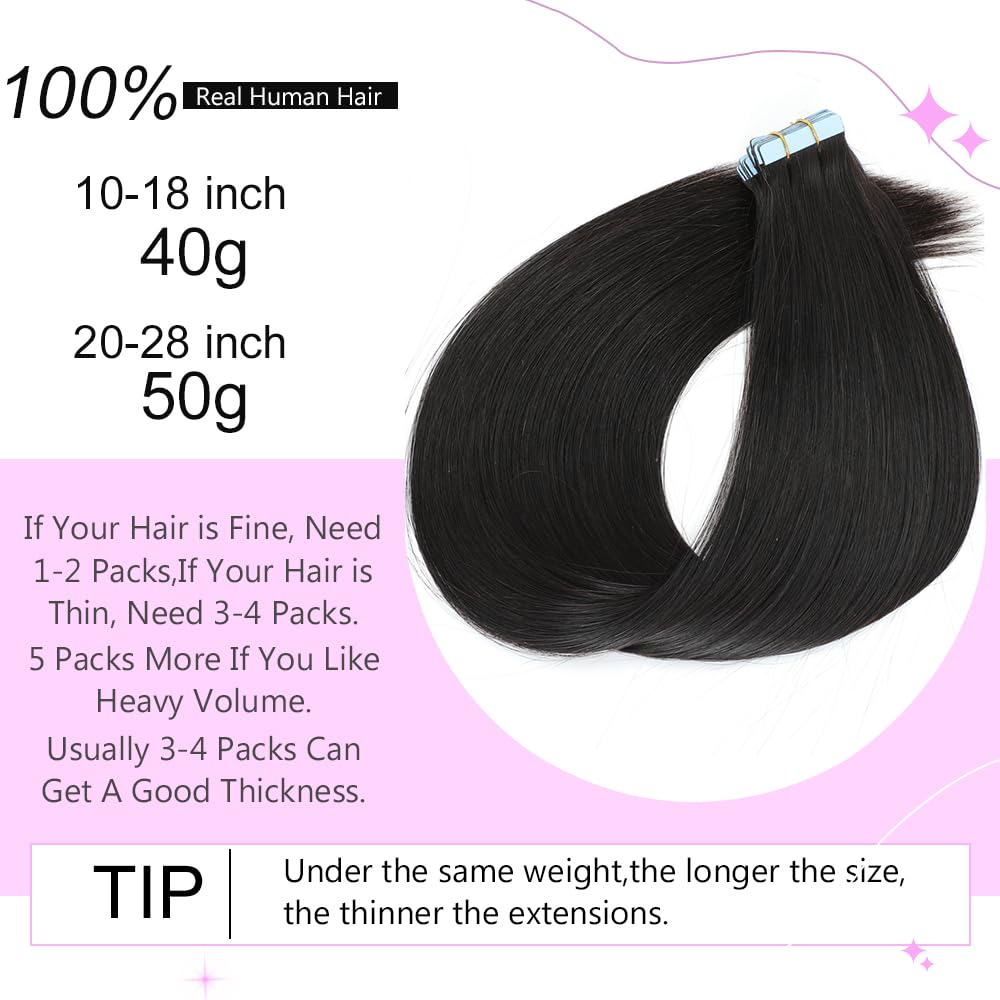 Human Hair Tape In Hair Extensions Natural Black Color Seamless Invisible PU Skin Weft Tape in 100% Real Human Hair Silky Straight Hair Extensions Soft Thick End (20 Inch, #1B Natural Black)