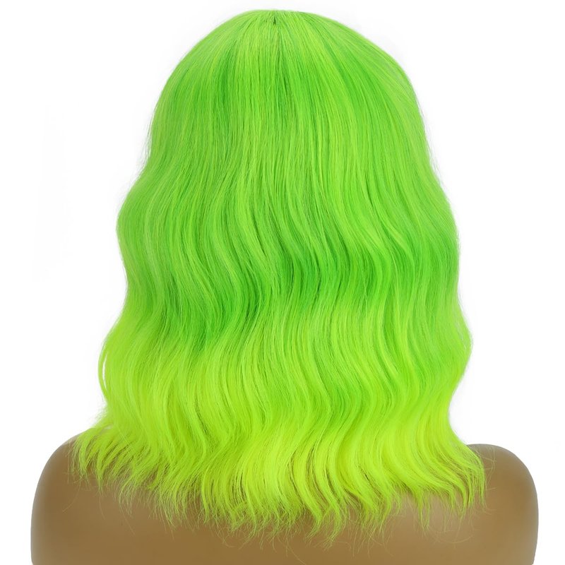 PATTNIUM Lime Green Wig Short Wavy Fluorescent Green Wigs for Women Girls Green Wig with Bangs Synthetic Wigs