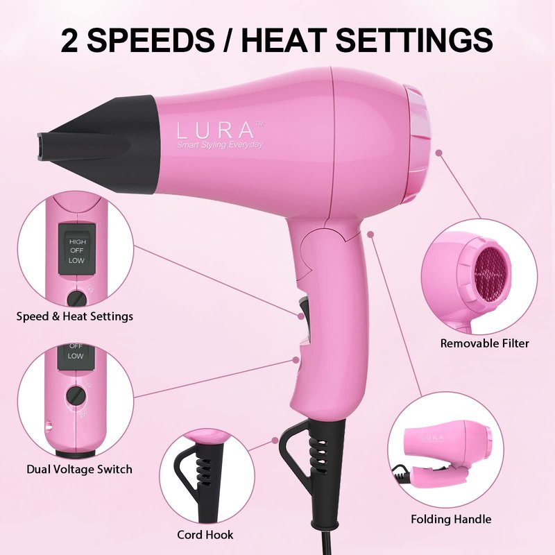 Portable Travel Hair Dryer,Mini Lightweight Dual Voltage Blow Dryer 1200W with Folding Handle,Blowdryer with One Concentrator