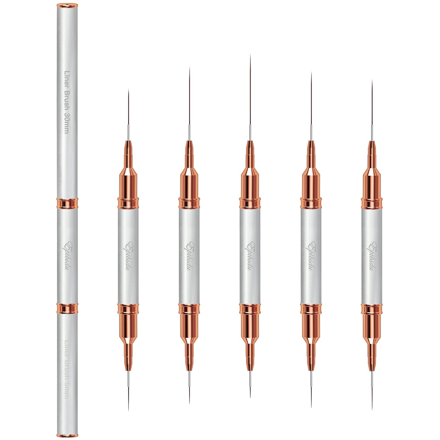 Nail Art Brushes, Eptbsdu 5PCS Double Ended Nail Art Liner Brushes with Cap Striping Liner Brush Nail Design Brushes for Long Lines, Tiny Details, Fine Drawing Nail Brushes for Nail Art, Silver
