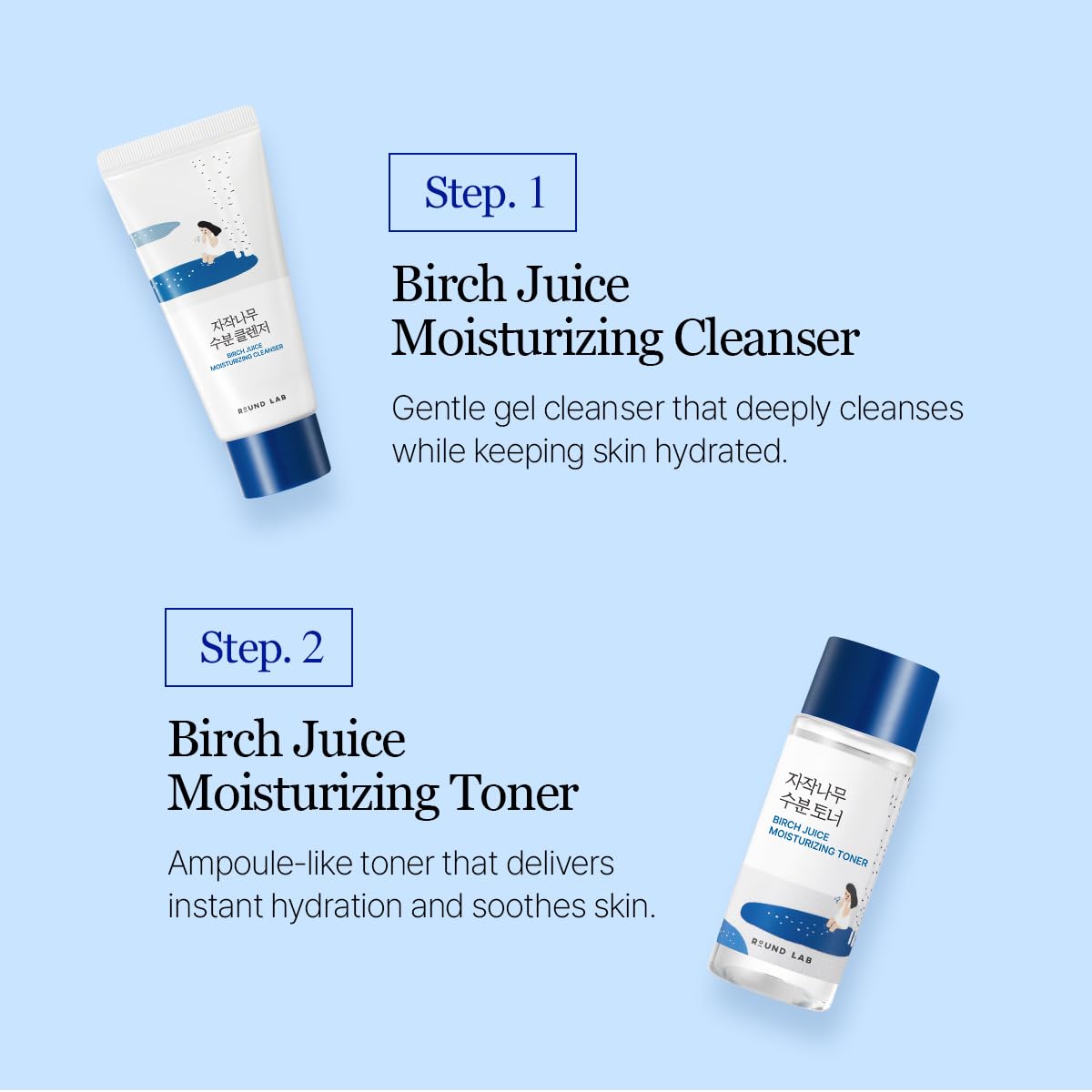 ROUND LAB Birch Juice Moisturizing Mini Kit, 4-Step Travel Size Skincare Set (Cleanser, Toner, Serum, Cream), Daily Skin Care Routine Trial Kit for Acne-Prone and Sensitive Skin, Korean Skin Care
