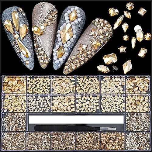 4880Pcs Champagne Rhinestones for Nails, Gold Crystal Nail Rhinestones Round Beads Flatback Glass Gems Stones, Multi Shapes 3D Nail Crystals for Nail Art DIY Crafts Clothes Shoes Jewelry