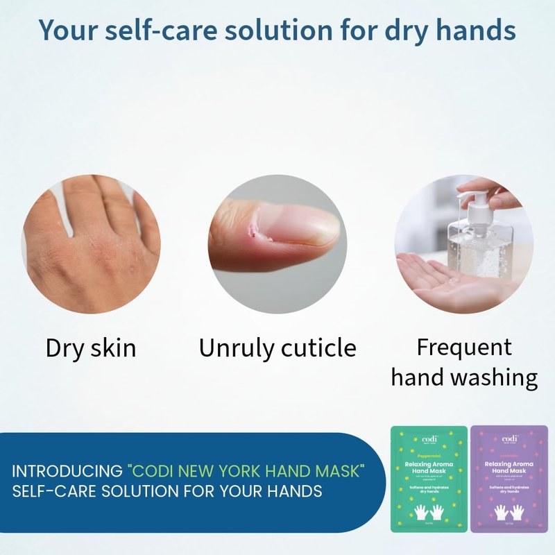 Codi New York Relaxing Aroma Hand Mask, Home Spa Moisturizing Hand Gloves, 6 Pairs, For Dry Rough Hands, Hydrating Hand Treatment, Made in Korea (Peppermint + Lavender)
