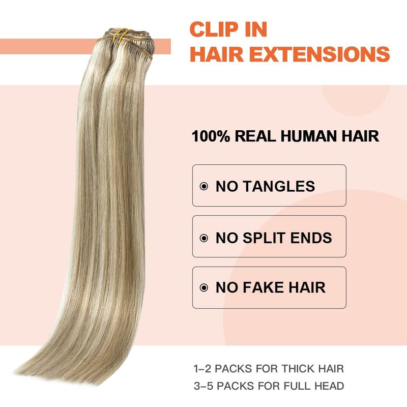 UGOTRAYS Clip in Hair Extensions Real Human Hair - 15 inch 70g Ash Blonde Mixed Bleach Blonde Straight 7pcs Double Weft - 100% Remy Human Hair Extensions #18p613 15inches