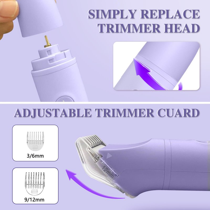 3-in-1 Bikini Trimmer for Women, IPX7 Waterproof Electric Shaver for Women-Rechargeable Electric Razors for Pubic, Facial & Body Hair Trimmer with LED Display, Travel Kit & Painless Blades (Purple)