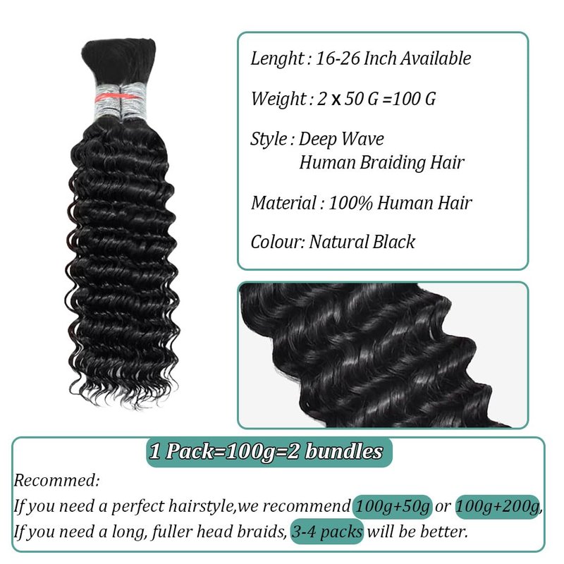 Human Braiding Hair for Boho Braids Human Hair Braiding No Weft Wet and Wavy Human Hair Braiding Hair Extensions For Boho Braids 2 Bundles 100g（20inch,Natural Black Deep Wave)