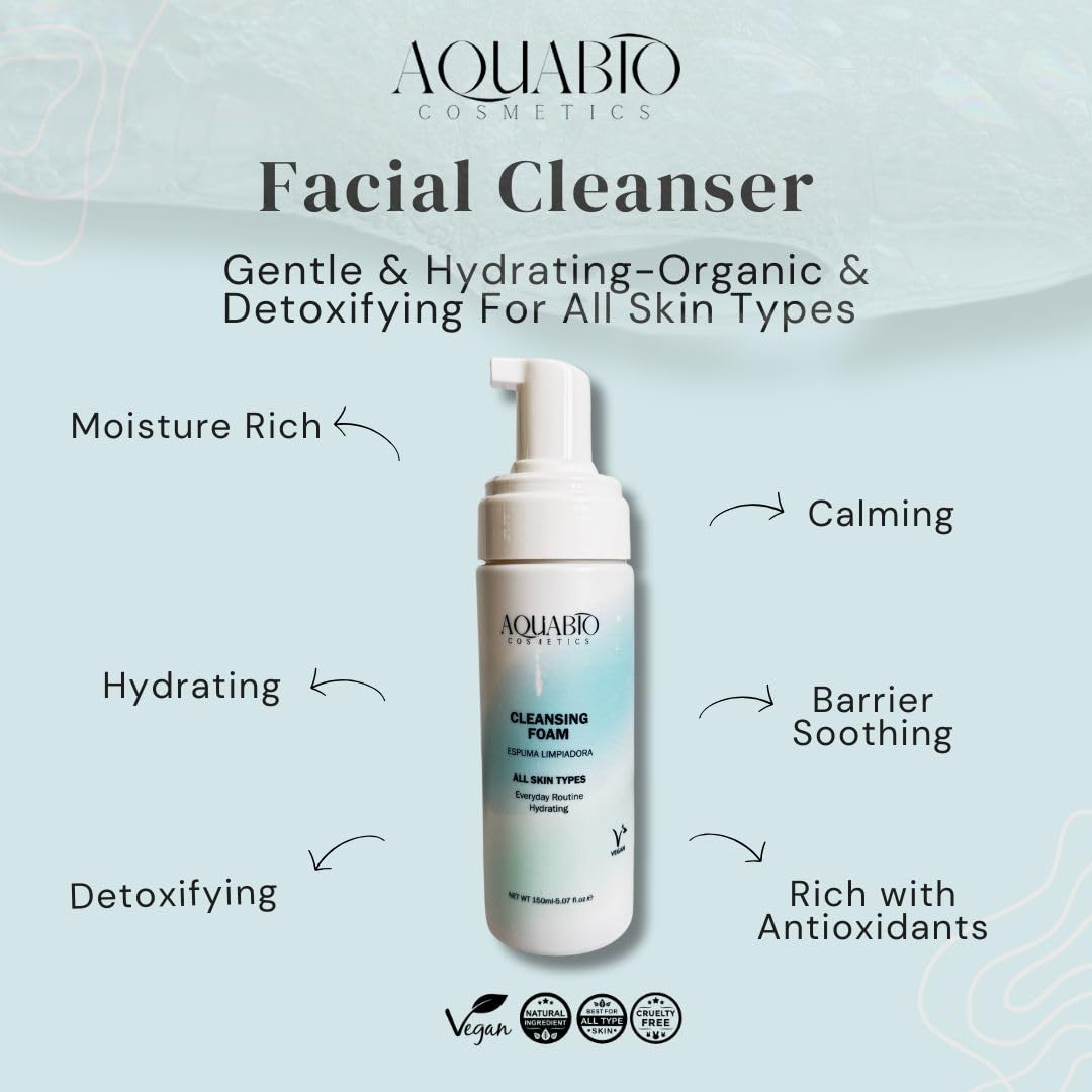 AquaBio Face Cleansing Foam Wash Natural, Clean & Gentle Hydrating Detox for All Skin Types, Vegan & Cruelty-Free with Fruit & Botanical Extracts, Peptide Enriched, Non-Toxic, Paraben-Free, Unisex