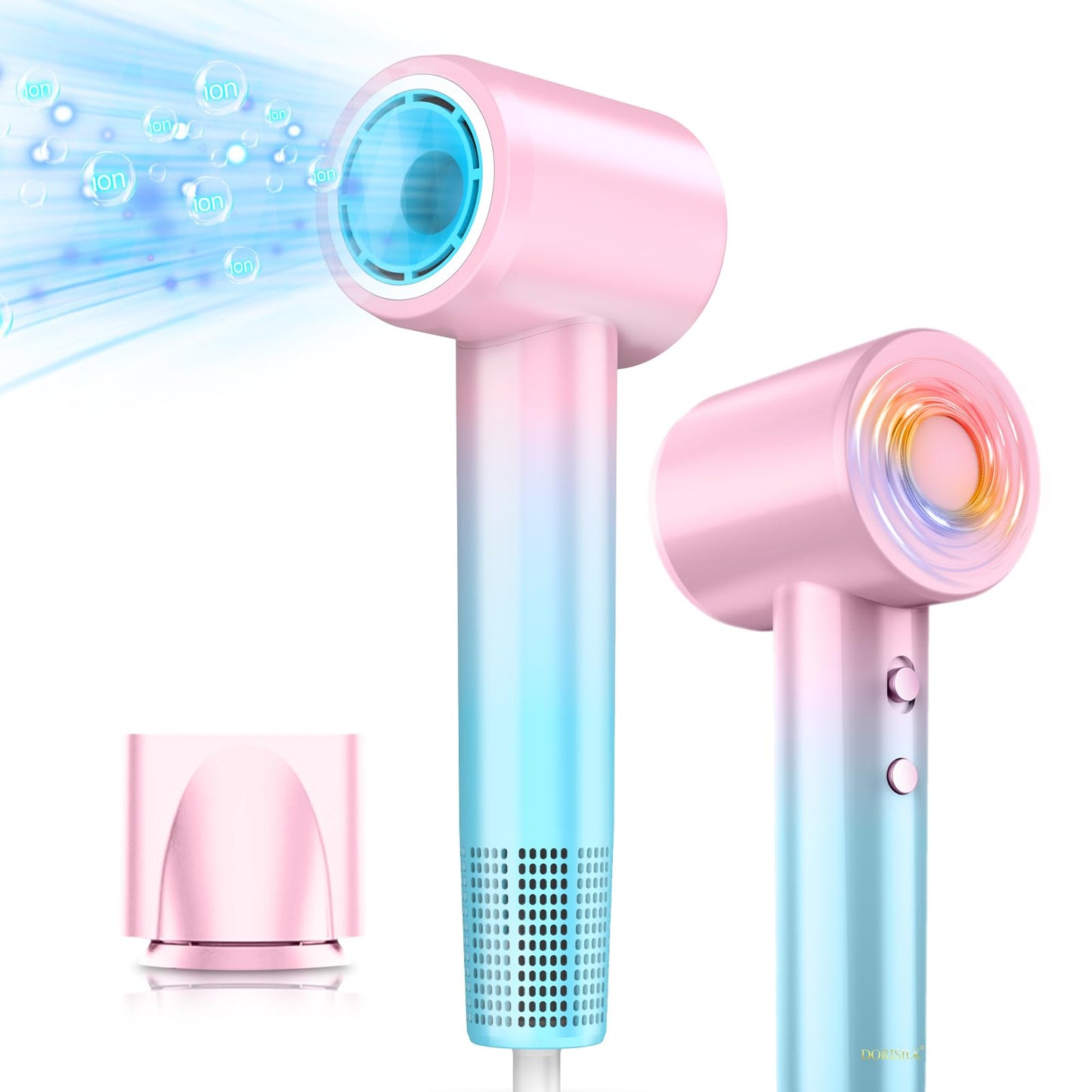 DORISILK Ionic Hair Dryer 110,000 RPM High Speed, Professional Blow Dryers for Salon Home Use, Portable Blowout Hair Dryers Lightweight with Nozzle Hot & Cold Selection Gift for Women Girl, Pink Blue