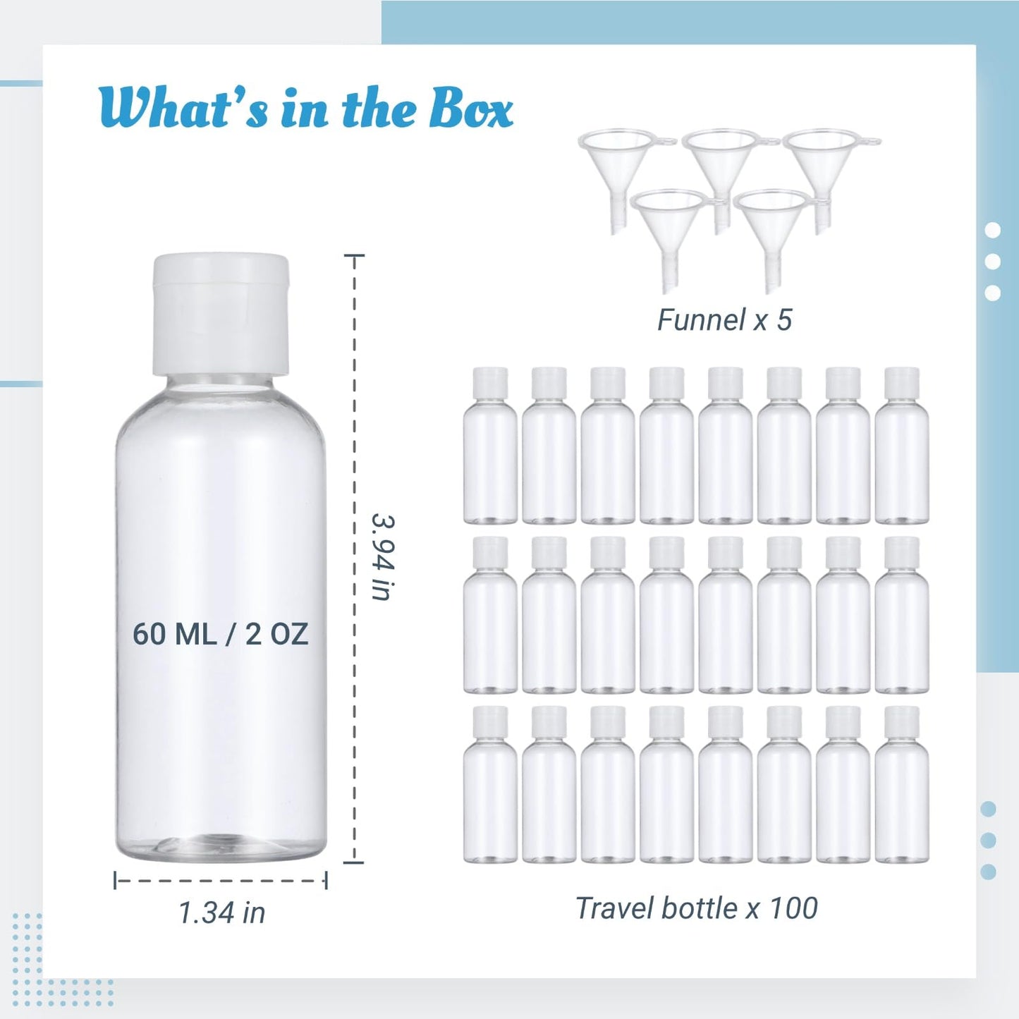100 Pack 2 oz Plastic Empty Travel Bottles with Flip Cap 60ml Travel Size Containers Portable Leak Proof Clear Plastic Bottles Refillable Dispensing Bottles for Liquid Shampoo Lotion White