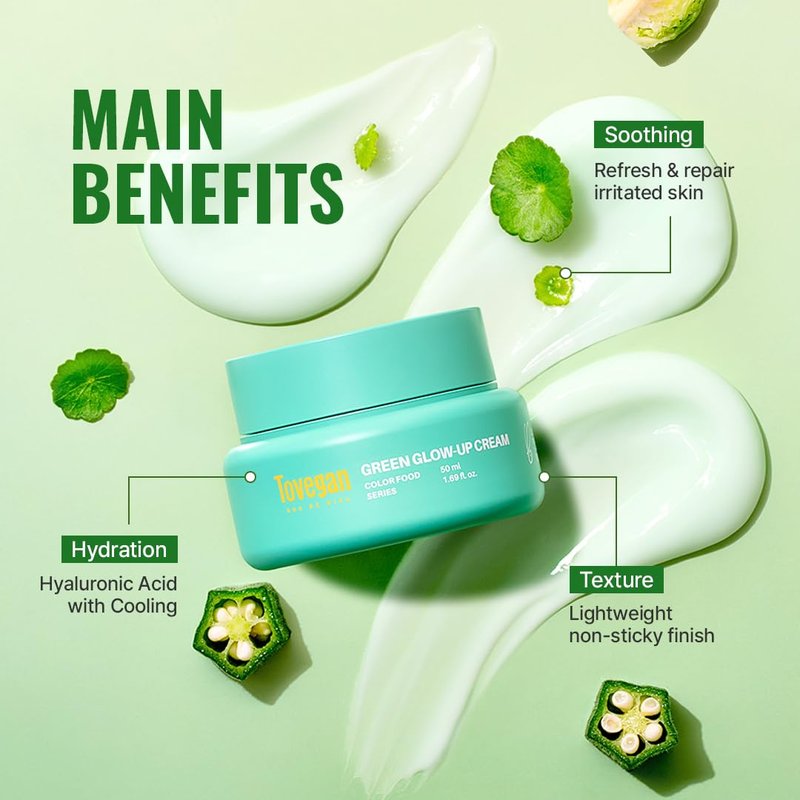 TOVEGAN Green Glow Up Cream｜Moisturizing Water-Soothing Texture｜After-Sun Calming Care｜Centella Asiatica 1.69 fl.oz