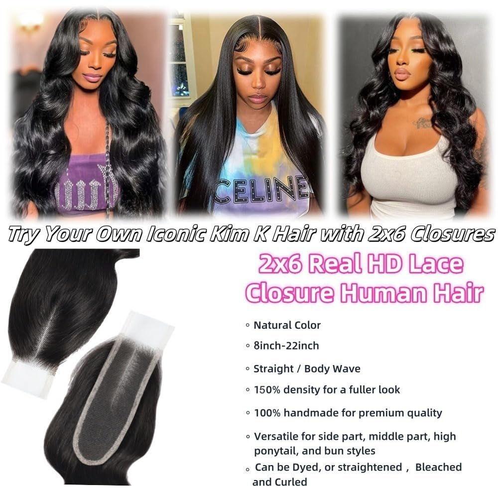2x6 HD Lace Closure Straight Human Hair Real HD Transparent 18inch 100% Brazilian Virgin Kim K Middle Part Pre Plucked with Baby Hair Natural Color Kim K 2x6 Closure
