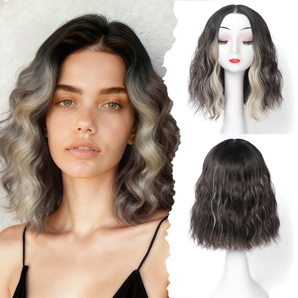 GUDOZO Short Wavy Wig for Women 14Inch Shoulder Length Curly Wavy Bob Synthetic Heat Resistant Fiber Wigs for Daily Party Use Black Mix Brown