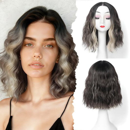 GUDOZO Short Wavy Wig for Women 14Inch Shoulder Length Curly Wavy Bob Synthetic Heat Resistant Fiber Wigs for Daily Party Use Black Mix Brown