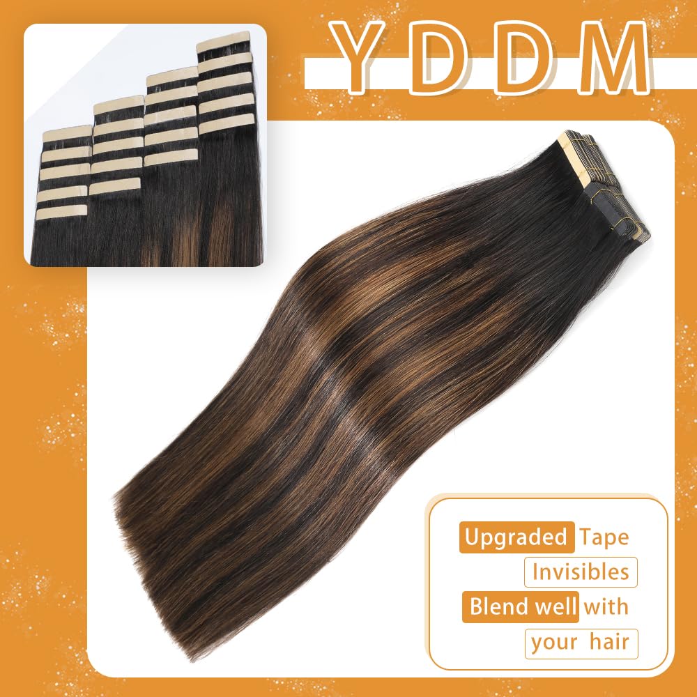 YDDM Tape in Hair Extensions Human Hair 18 Inch 20pcs Balayage Natural Black to Chestnut Brown 100% Remy Human Hair for Women Seamless Invisible Tape in Hair Extensions(1B/1B/6#, 18 Inch)