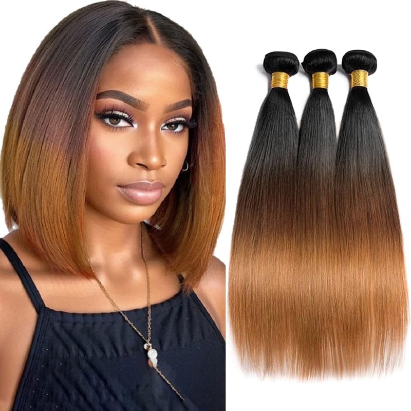 Ombre Brown Human Hair Bundles - 14, 16, 18 Inch Straight Brazilian Virgin Hair for Black Women