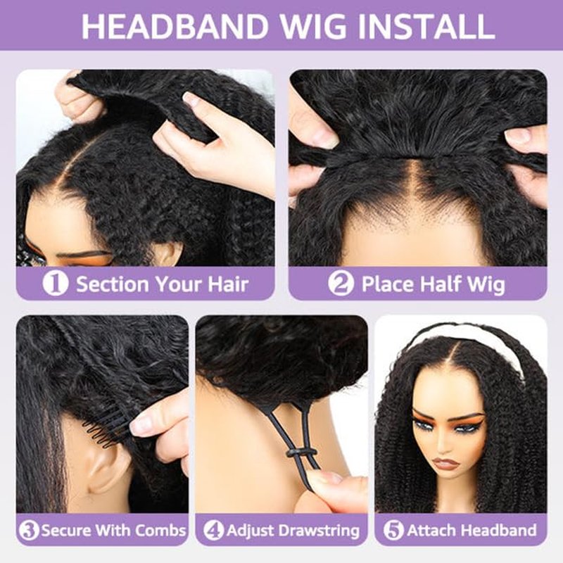 Afro Curly Half Wig - Synthetic Hair 20-Inch Glueless Flip Over | Beginner-Friendly Drawstring Headband Wig in Natural Black