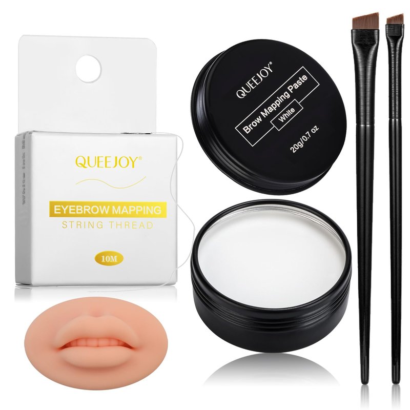 Eyebrow Mapping Kit with White Brow Mapping String, White Mapping Brow Paste, 2 Eyebrow Brush and 5D Soft Silicon Practice Silicone Lips Skin, Create Flawless Eyebrow Shape and Lip Mapping Practice