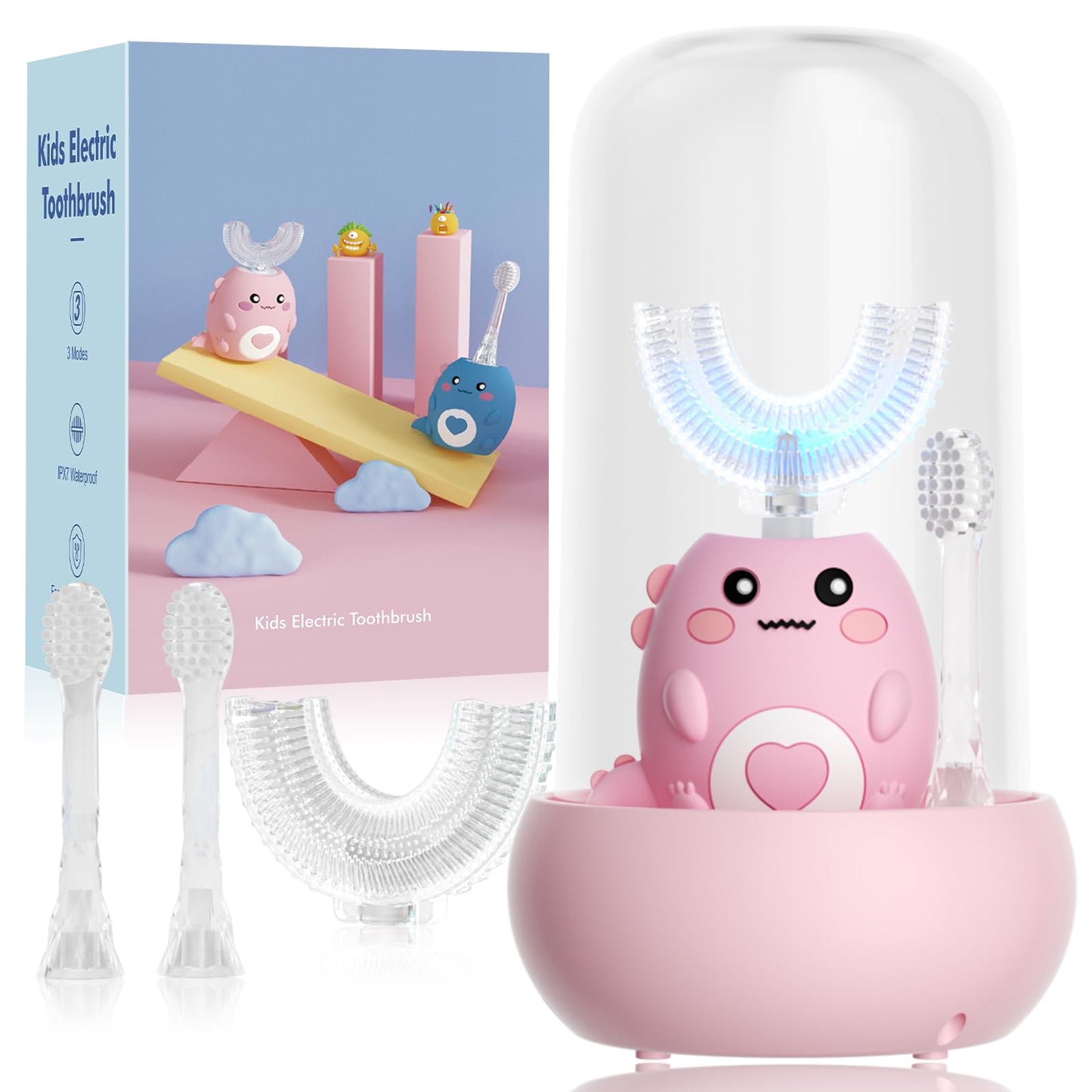 Lwalaneng Kids U Shaped Electric Toothbrush, with 3 Cleaning Modes, with 4 Brush Heads, 360° Sonic Automatic Toothbrush, IPX7 Waterproof Cartoon Dinosaur Design (Ages 2-12)