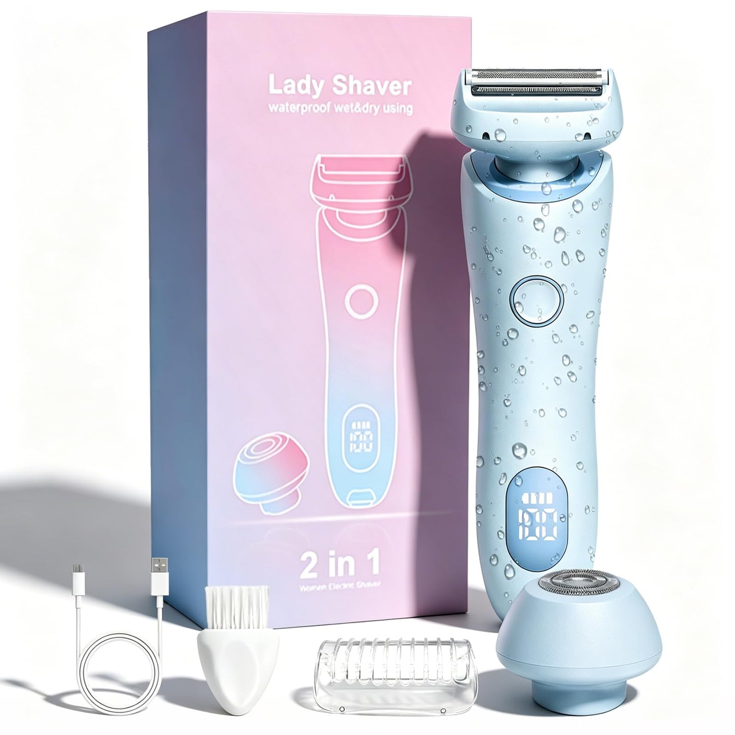 Electric Shaver for Women, SilkGlide Cordless Razor with 2 Removable Heads for Leg Arm Underarm Bikini Area, Painless Hypoallergenic Lady Trimmer, IPX7 Waterproof Wet Dry Use, USB Rechargeable, Blue