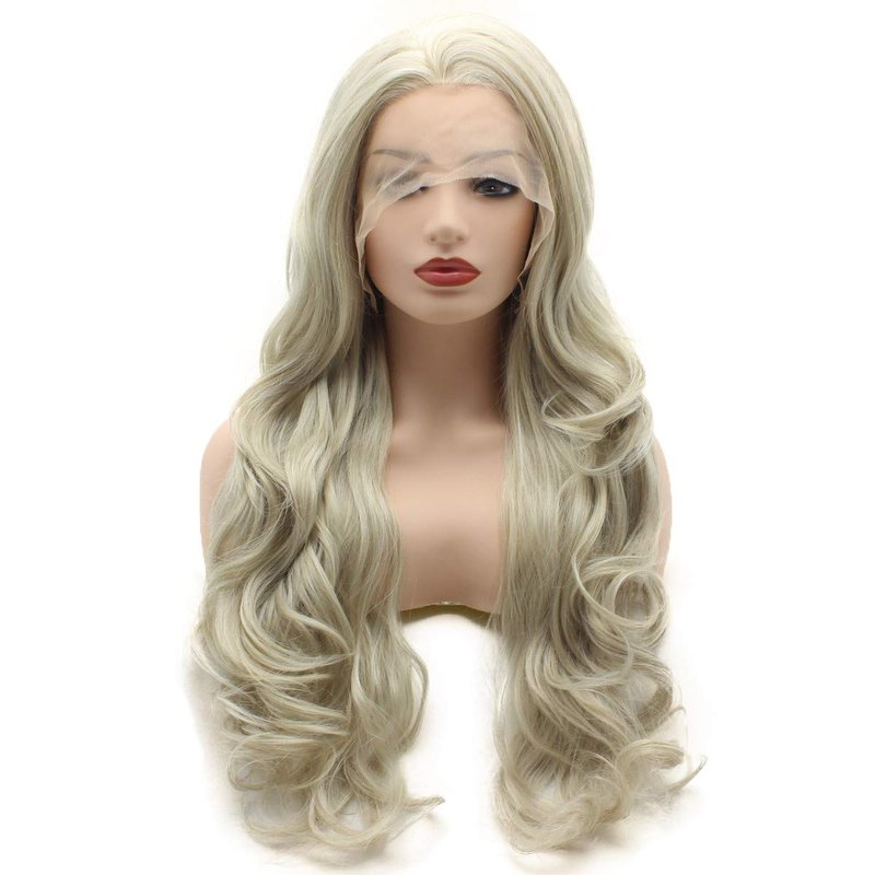 Meiyite Hair Wavy Long 26inch Two Tone White Blonde Mix Heat Resistant Heavy Density Realistic Synthetic Lace Front Wig