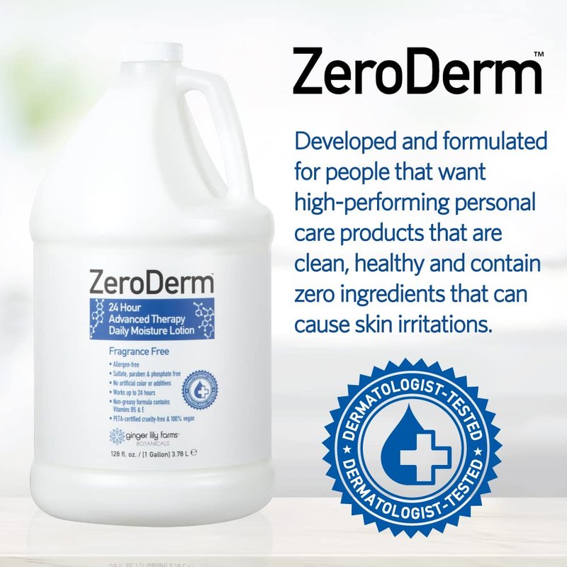 Ginger Lily Farms Botanicals ZeroDerm 24 Hour Advanced Therapy Daily Moisture Lotion, Allergen-Free, 100% Vegan & Cruelty-Free, Fragrance Free, 1 Gallon (128 fl. oz.) Refill