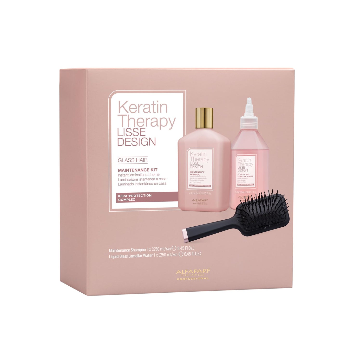 Alfaparf Milano Keratin Therapy Lisse Design Glass Lamination Hair Set - Keratin Shampoo and Liquid Glass Lamellar Water - Instant Lamination at Home - Adds Shine and Softness