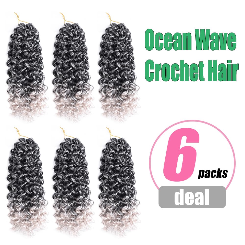 Silke Grey Curly Gogo Curl Ocean Wave Crochet Braids Hair 6 Pack Water Wave Hair Extensions For Women (14inch,Tgrey)