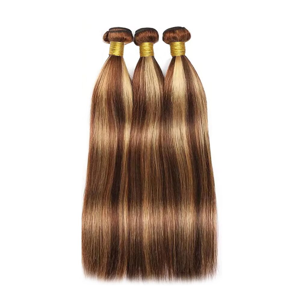Ombre Human Hair Bundles | P4/27 Honey Brown Straight Remy Hair Extensions - 16 Inch, Soft & Healthy Double Weft