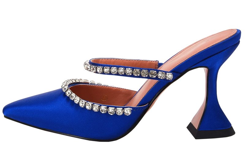 VETASTE Women's Pointed Toe Strappy Heels Crystal Satin Heeled Mules Wedding Party Shoes Blue