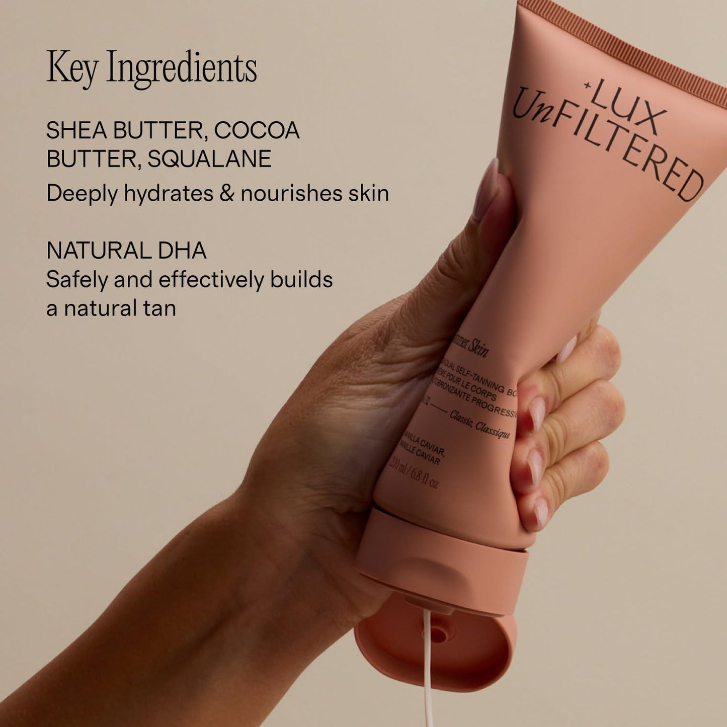 + Lux Unfiltered N°32 Summer Skin Classic Gradual Self Tanner, Hydrating Self Tanning Lotion - Shea Butter & Squalane - Non-Sticky, No Transfer, Natural-Looking - Vegan Sunless Tanner - Vanilla Caviar