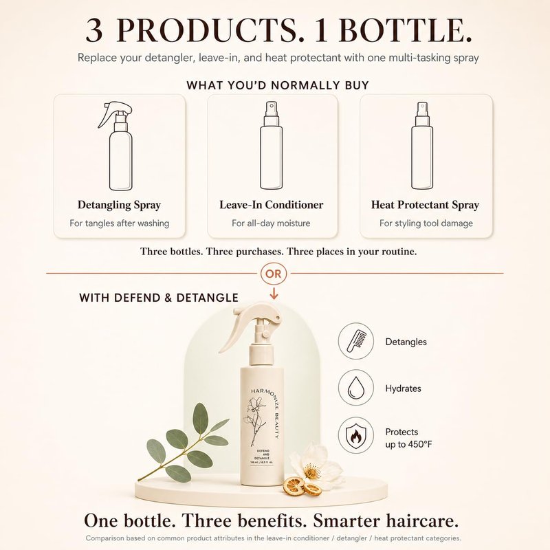 Harmonize Beauty Leave-In Conditioner - 3-in-1 Detangler & Heat Protectant Spray - Sulfate-Free - Lightweight for All Hair Types - Frizz Control - Protects & Hydrates without Buildup - 4.9 fl oz