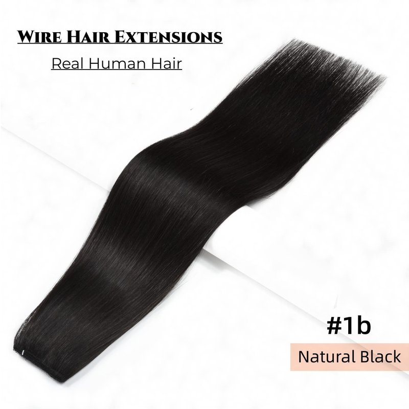 Invisible Fish Line Hair Extensions - 18 Inch Natural Black Human Hair Piece | 100g Lightweight Wire Extensions