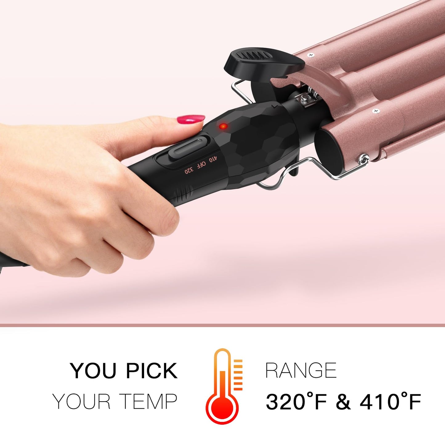 Hair Crimper 1 Inch, 2 Heat Settings 320°F/410°F, Ceramic Triple Hair Waver for Beach Waves, Dual Voltage 110-240V, Auto Shut-Off, Glove Included, Rose Gold