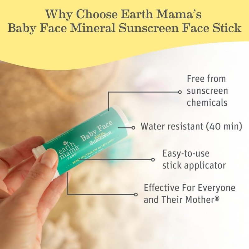 Earth Mama Baby Face Mineral Sunscreen Stick SPF 40 | Non-Nano Zinc, Water-Resistant Protection for Kids & Family - 0.74 oz