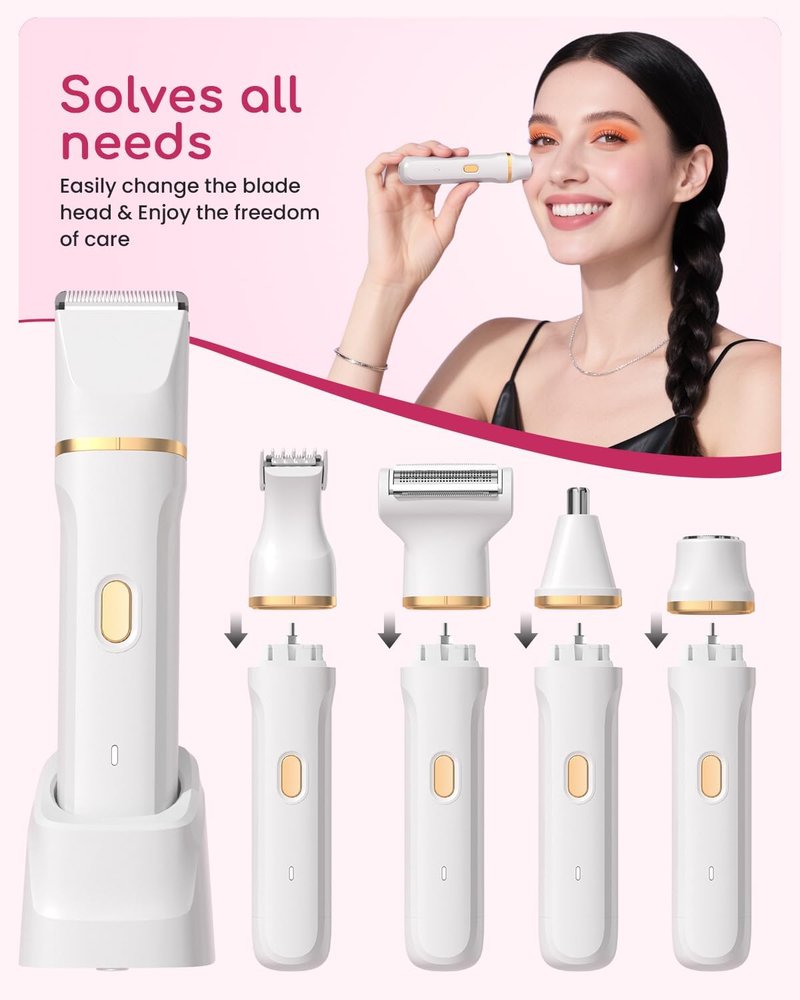 Bikini Trimmer for Women - 5-in-1 Electric Razor for Sensitive Skin | Waterproof Hair Removal Shaver - White
