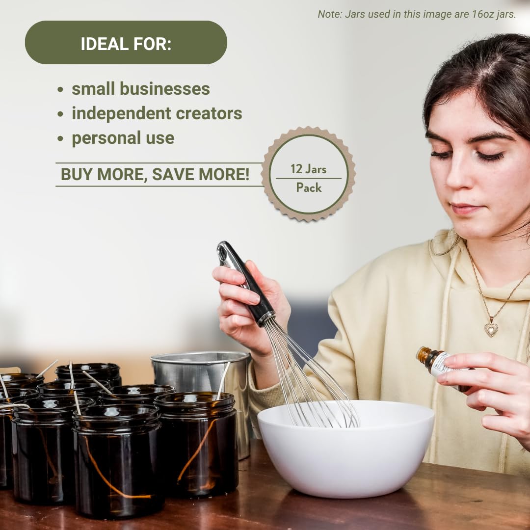 Nature Packaged Glass Amber 2oz Jar - 12 Packs, Lead-Free Empty Round Jars For Beauty Products, Lotion, and Powders - Black Lid - Small Candle Jars