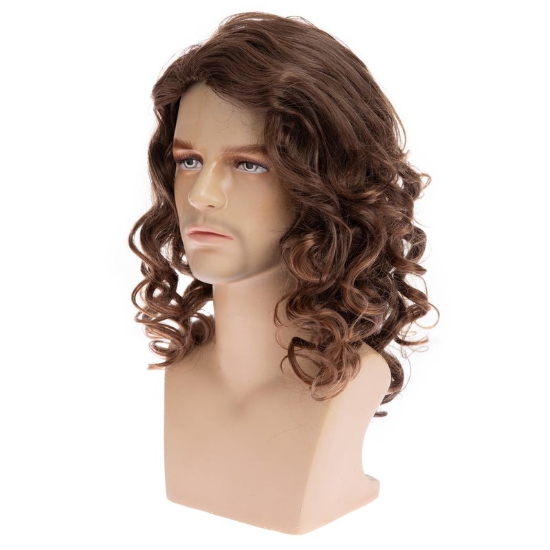 Beweig Brown Wig for Men Long Curly Wavy Synthetic Halloween Costume Party Wig for Male