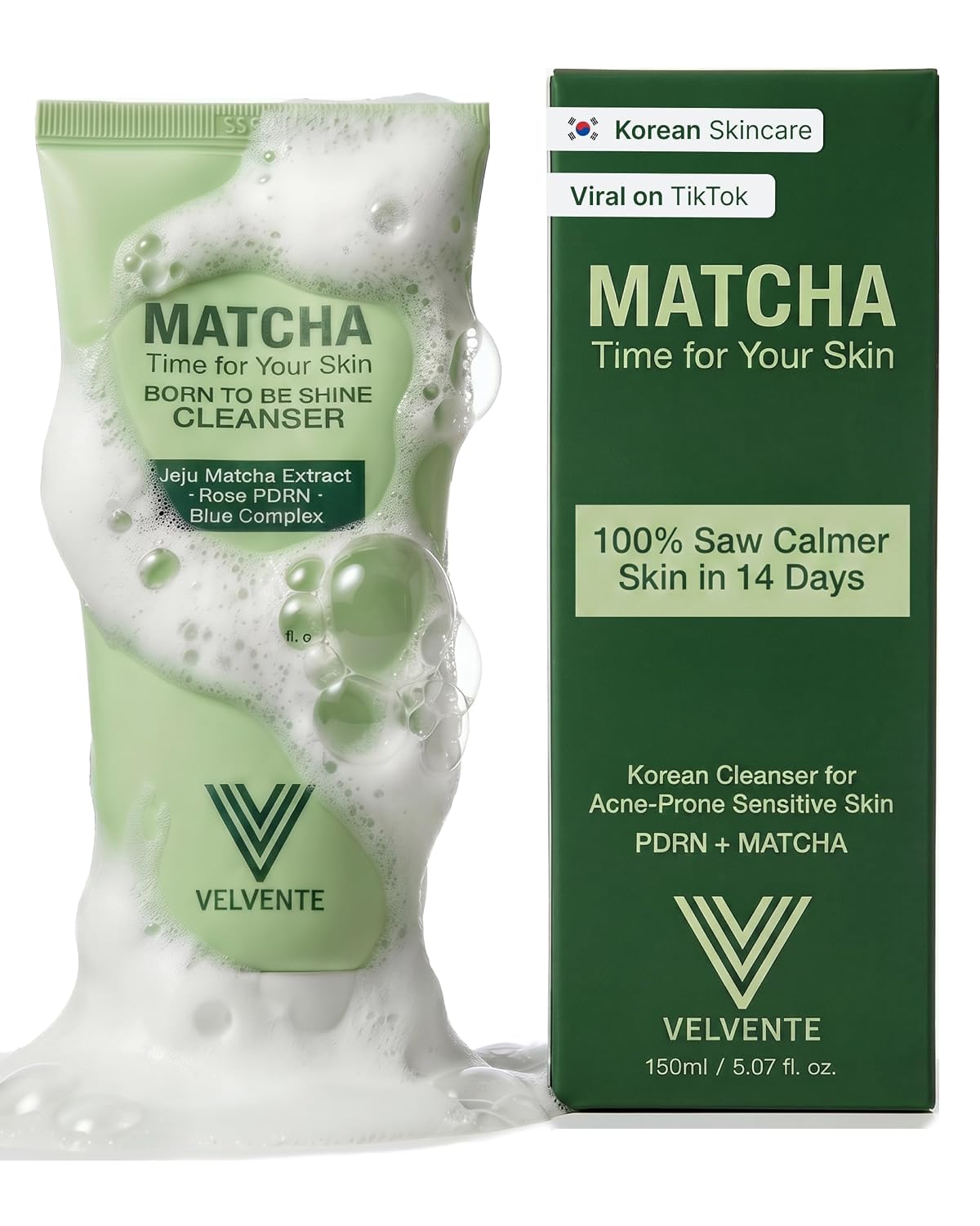 VELVENTE Matcha PDRN Korean Cleanser & Face Wash, Acne-Prone Sensitive Skin
