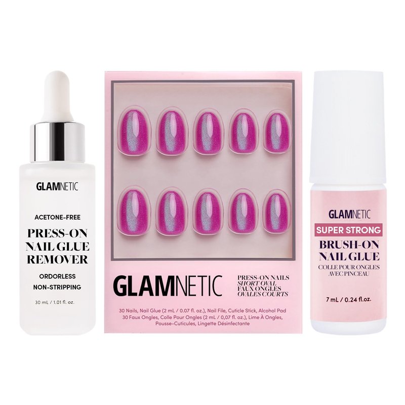 Glamnetic Press On Nails - Berry Fizz Short Oval Set | Reusable Magenta Metallic Finish | 30 Nails in 15 Sizes